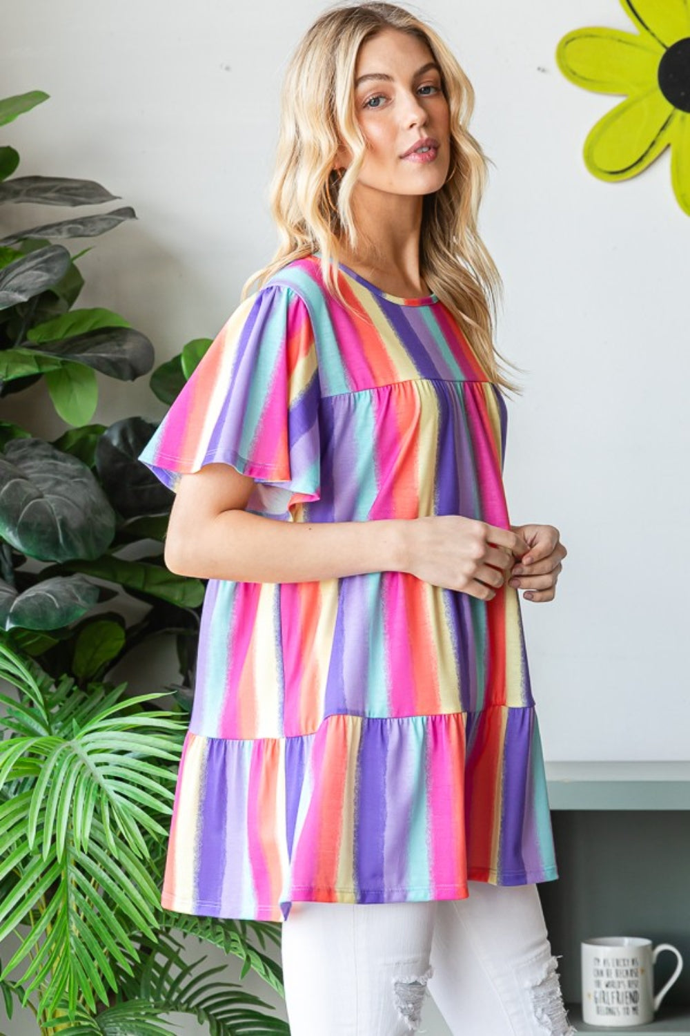 Heimish Full Size Short Sleeve Striped Tiered Top Heimish Full Size Short Sleeve Striped Tiered Top